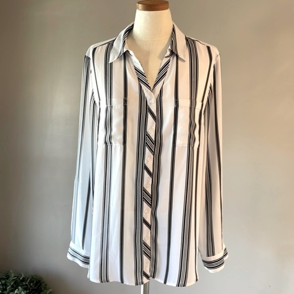 RELATIVITY women’s black white striped button down blouse / top / tunic size L - Picture 1 of 10